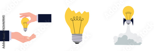 Hands giving a glowing light bulb, concept of sharing ideas. Cracked yellow light bulb. Light bulb rocketship launching with smoke, startup concept. vector illustration.