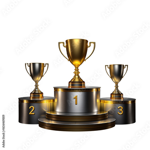 Golden Trophies on a Three-Tiered Podium Celebrating Victory and Achievement in a Realistic 3D Rendered Style