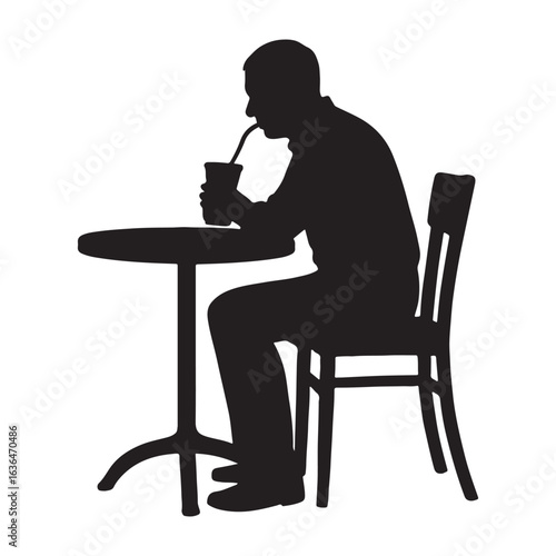 "Man Sitting at Cafe Table Drinking Beverage Silhouette – Relaxation Concept"

