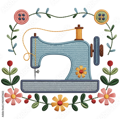 A detailed old vintage sewing machine with needle, thread, and other accessories sits on a wooden table