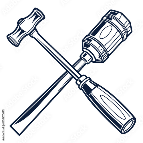 Crossed mallets illustration featuring a rawhide mallet and a round mallet