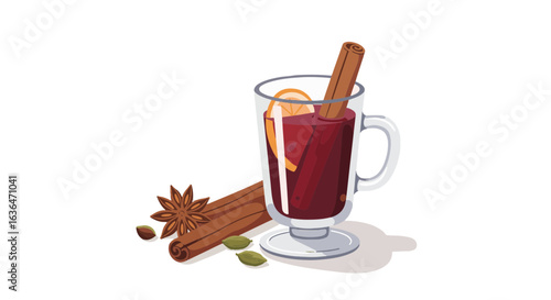 Warm mulled wine with spices and citrus in glass cup for winter celebrations