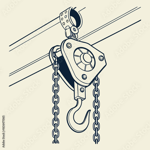 Illustration of a Chain Block and Hook Lifting Mechanism Hanging from Overhead Rails