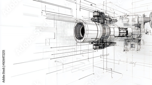 Futuristic mechanical design with intricate lines and structures, showcasing detailed engine concept in technical drawing style