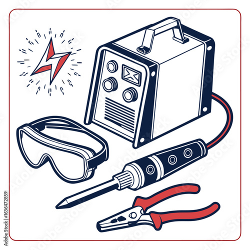 Vector illustration of welding equipment, tool and safety glasses on white background