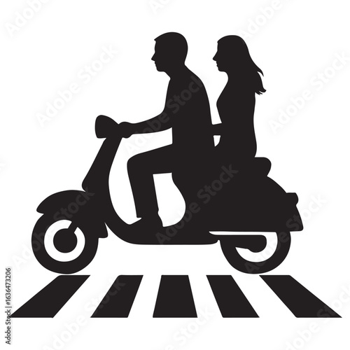 Silhouette of Couple Riding Scooter Together Vector Illustration

