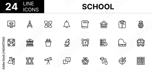 Collection of 24 School line icons featuring editable strokes. These outline icons depict various modes of School, Study, Education, Back to School, Icon, Book, Classroom, Diploma, Learning,