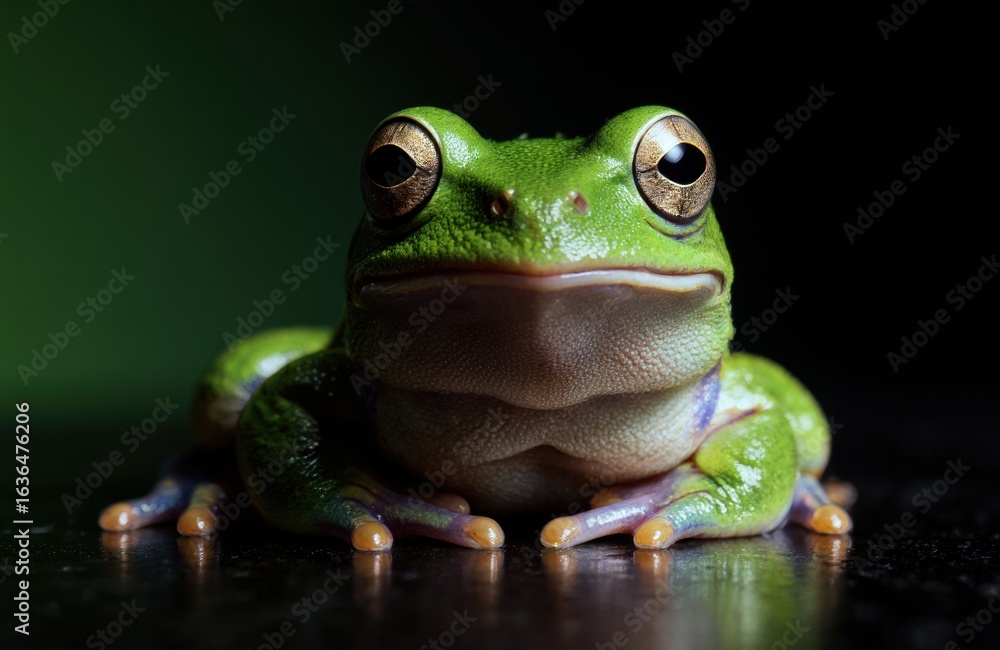 Naklejka premium Close-up of a green tree frog with large eyes on dark background