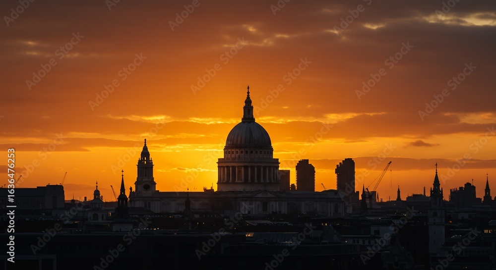Obraz premium Silhouette of Saint Paul Cathedral and London cityscape against vibrant orange sunset sky, iconic British architecture, historic urban skyline in UK