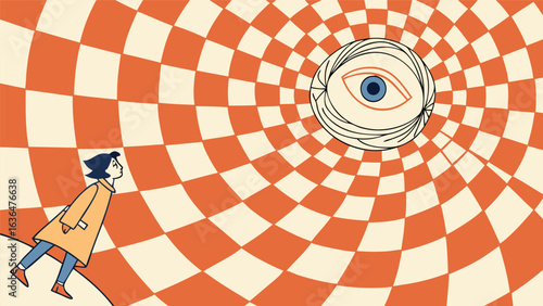 Surreal illustration of a girl gazing at a giant eye in a checkerboard world, creating an optical illusion and whimsical retro aesthetic