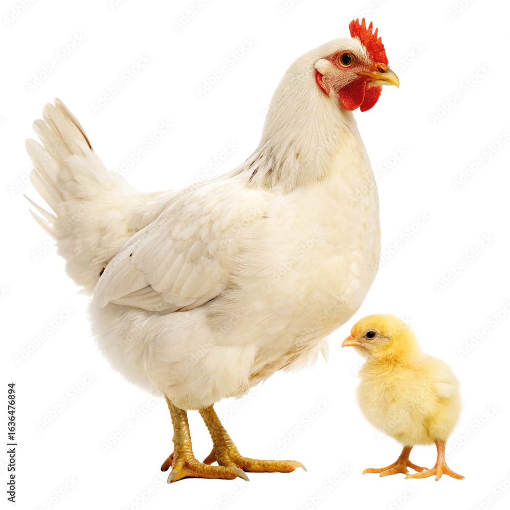 Fototapeta premium Adult White Hen with Yellow Chick – Studio Animal Photo Isolated on White Background