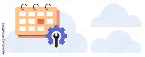 Calendar with gear icon representing scheduling, task customization, and workflow automation in a cloud setting. Ideal for productivity, planning, organization, data storage, collaboration