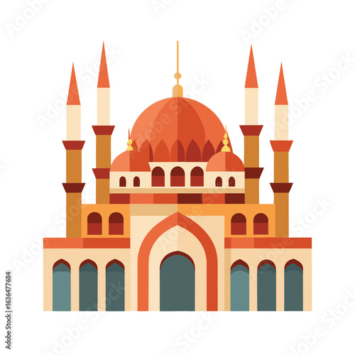 Flat design illustration of a mosque with orange domes and minarets islam religion