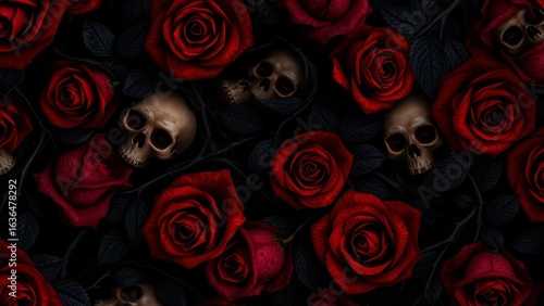 Fototapeta Naklejka Na Ścianę i Meble -  Striking composition of red roses and a skull, blending beauty and mortality in a bold artistic statement