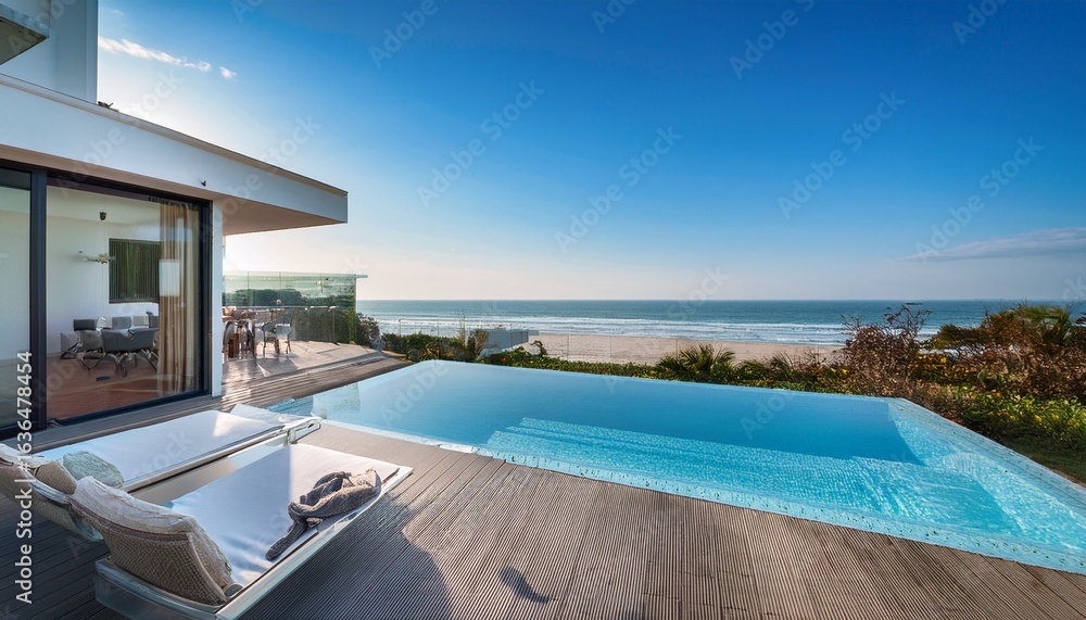 Fototapeta premium beachfront modern home with private pool sleek design and sea view balcony