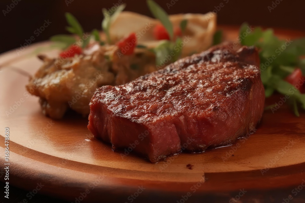 A succulent piece of meat artfully plated on a rustic wooden board for a gourmet dining experience A succulent piece of meat artfully plated on a rustic wooden board for a gourmet dining experience