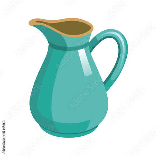 Teal ceramic pitcher with brown rim and handle on white background turquoise