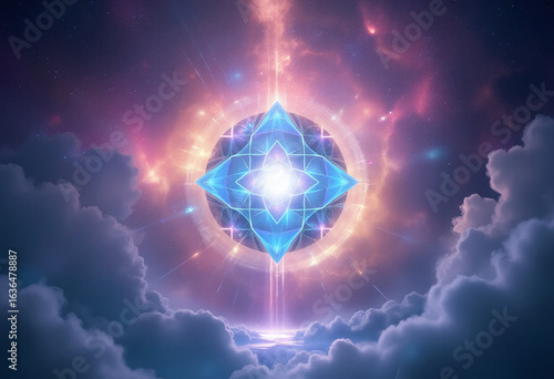 A luminous, sacred geometric star shines brightly amidst celestial clouds and cosmic light.