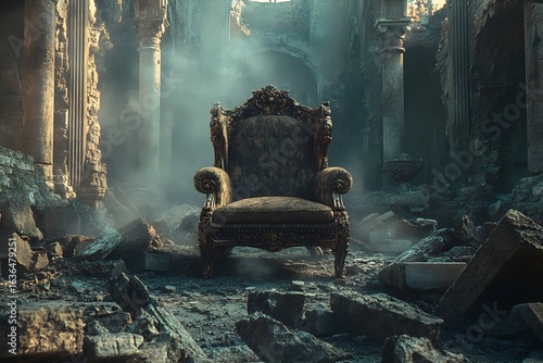 Antique King's Throne in a Ruined Hall