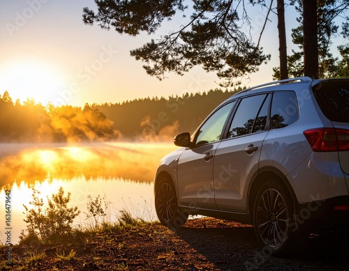 Silver SUV At Lakeside Sunrise