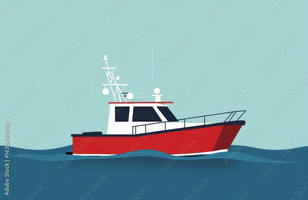 Fototapeta premium A modern illustration of a red and white boat sailing on calm blue waters