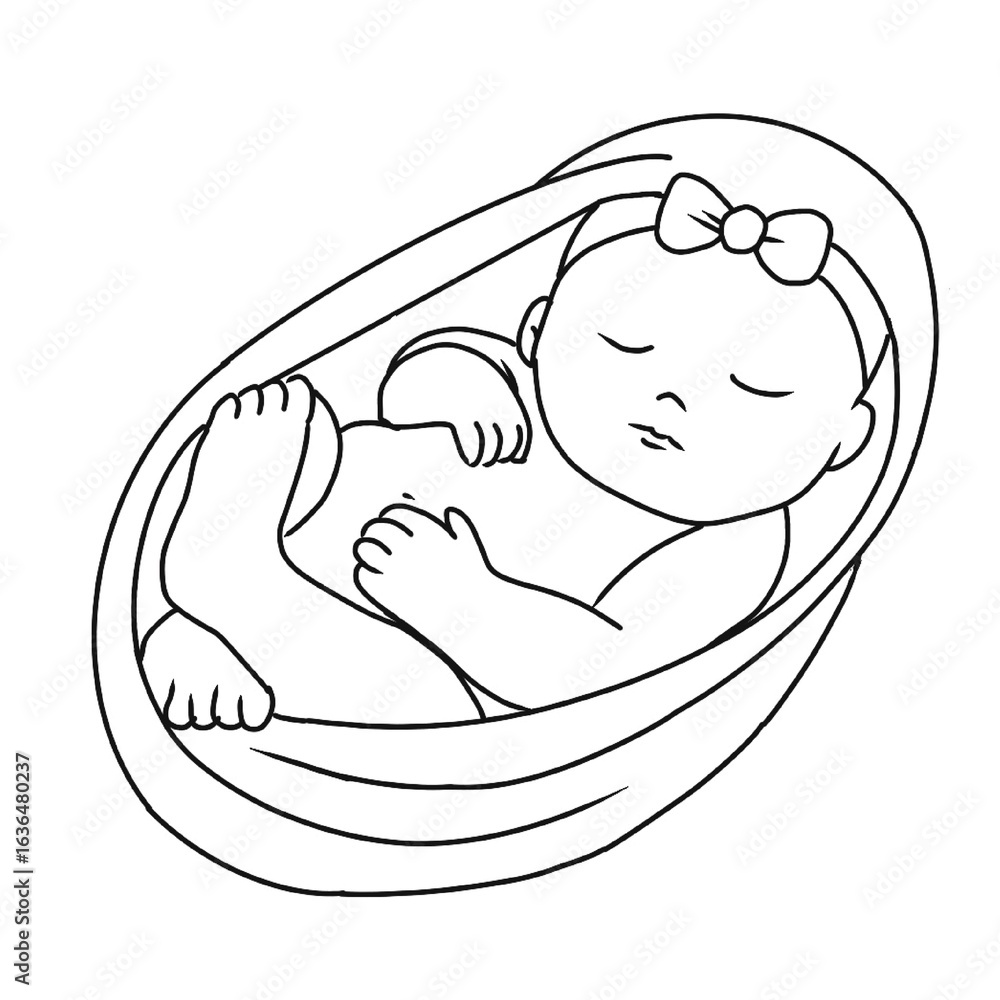 Obraz premium Black and white outline drawing of a newborn baby in a blanket for coloring.