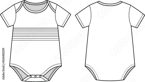 Baby bodysuit CAD drawing, flat vector illustration, front and back view, short sleeves, snap closure, minimalist design, technical sketch