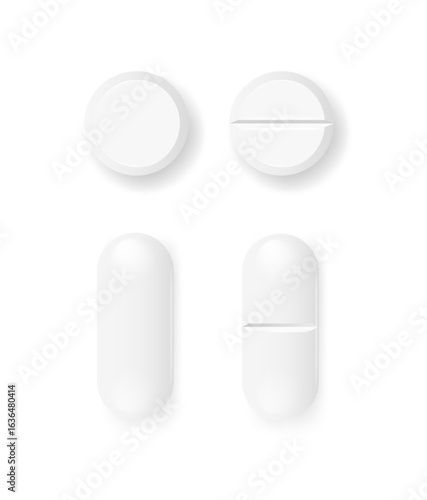 Pills and capsules Medicines tablets, capsules drug of painkillers, antibiotics vitamins. isolated on white background. Vector illustration