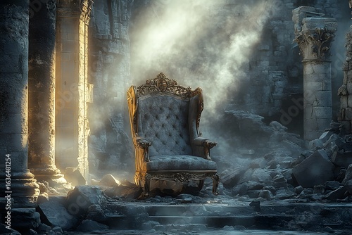 Ornate empty throne bathed in dramatic shafts of light within ancient ruins