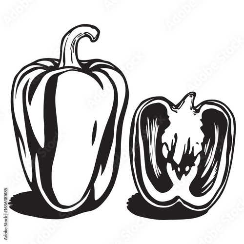 Illustration of whole and halved bell peppers, a versatile ingredient in many cuisines, isolated on white background