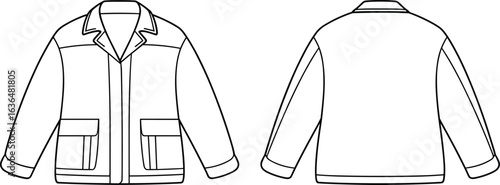 CAD drawing, flat vector illustration, front and back jacket view, fashion design, technical sketch, garment template, apparel industry, outerwear
