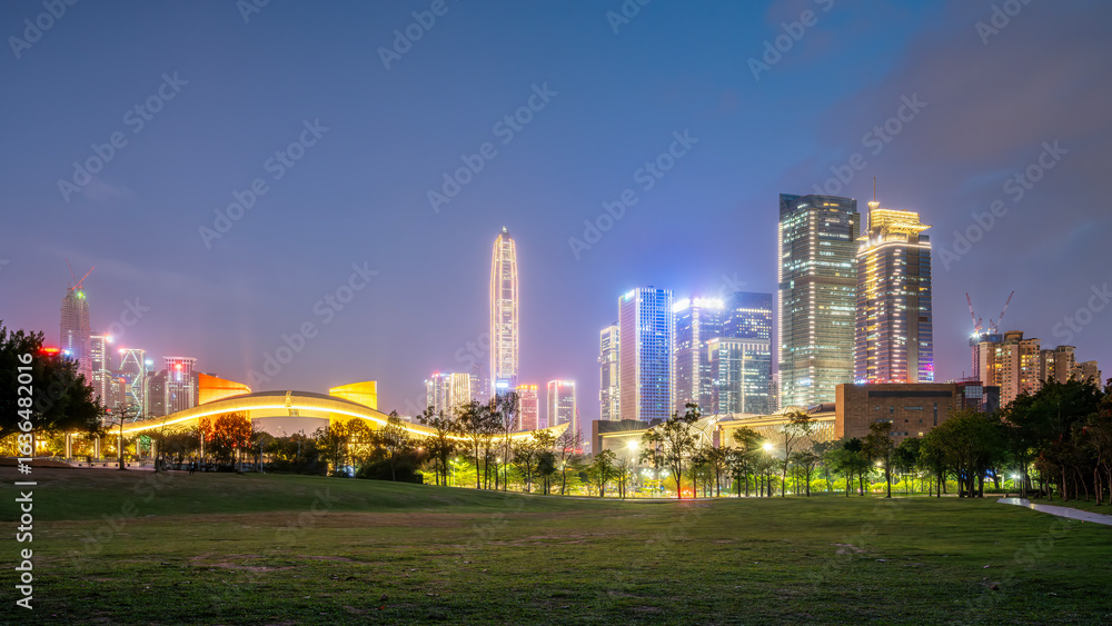 Obraz premium Night View of Modern Urban Park with Skyscrapers