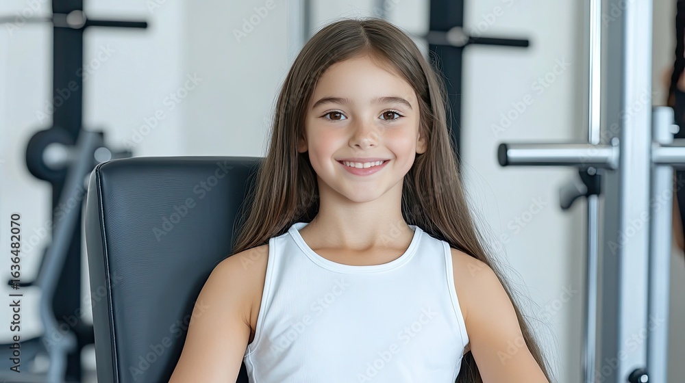 Obraz premium A cheerful young girl with long hair smiles while engaging in a workout activity surrounded by others in a fitness center