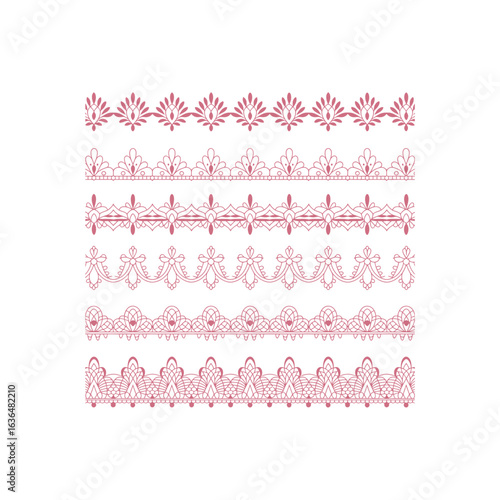 Six decorative pink floral lace borders on white background vector