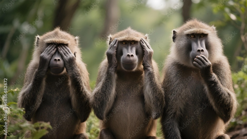 Obraz premium Three baboons in see no evil hear no evil speak no evil pose with serious facial expressions in natural outdoor setting
