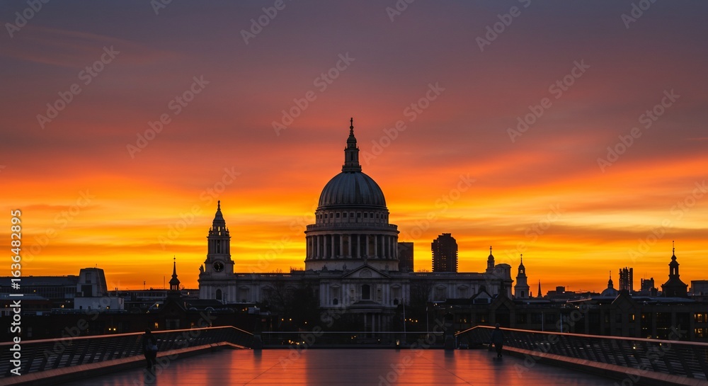 Fototapeta premium St Pauls Cathedral Dome Silhouette at Dramatic Sunset London City Skyline View from Millennium Bridge with Fiery Orange Twilight Sky for Travel and Tourism