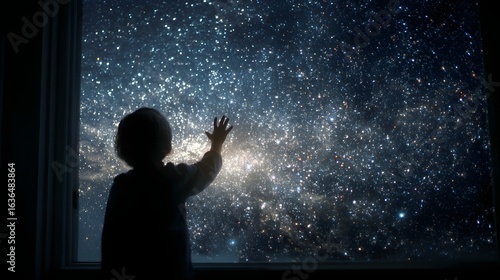A child reaching toward the stars from a dark room