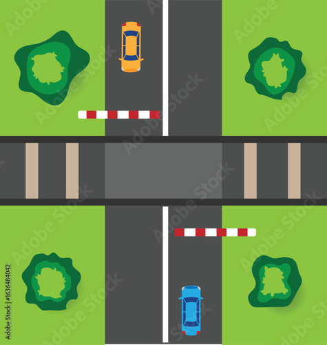 Cars on the Road Waiting for Train to Pass Top View. Transportation means, vehicles and safety on the road vector art
