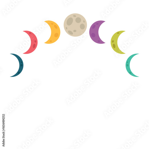 Colorful moon phases vector illustration in flat design, including full moon and crescent shapes, isolated on white background.