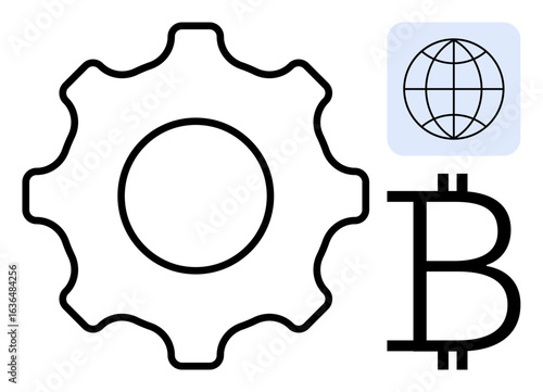 Gear for system processes, blockchain symbol for cryptocurrency, globe for global connectivity. Ideal for technology, innovation, finance, engineering, globalization, cryptocurrency simple flat