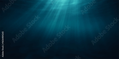 An animation of deep blue sea water with bright sun rays shining down on a dark underwater world background
