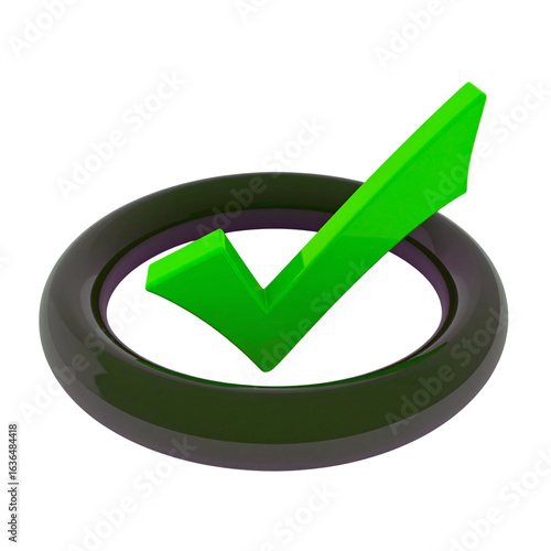 Green check mark inside dark circle isolated on transparent background