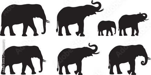 Collection of Elephant Silhouettes in Various Poses on White Background elephants