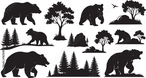 Black Silhouette Collection of Bears Trees and Rocks in Various Poses grizzly bear