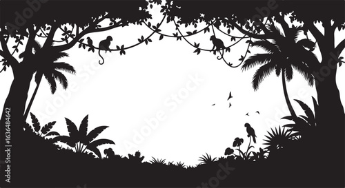 Jungle Silhouette Border with Monkeys Trees and Birds on White Background