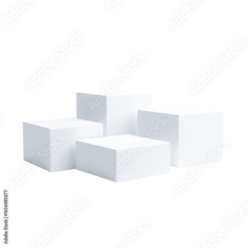 Four white cubes arranged on a podium isolated on transparent background