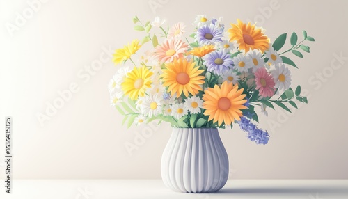 Wallpaper Mural Vintage Oil Painting: White, Yellow, And Orange Flowers In Vase - Sunflowers, Gerberas, And Daisies In Soft Green, Blue, And Purple Colors. Torontodigital.ca