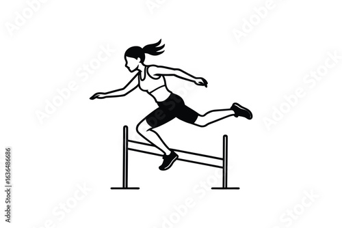 Female Athlete Jumping Over Hurdle in Track and Field Event Silhouette