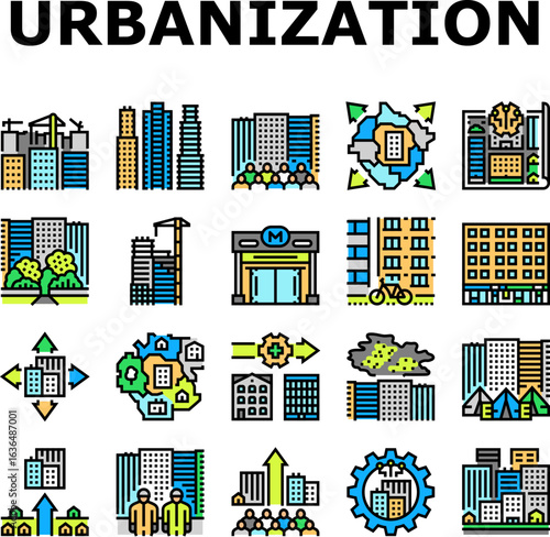 urbanization city development icons set vector