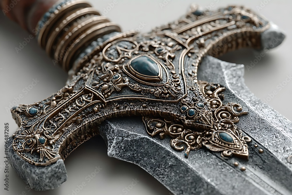 Obraz premium Ornate medieval sword with stone hilt and blue gems image